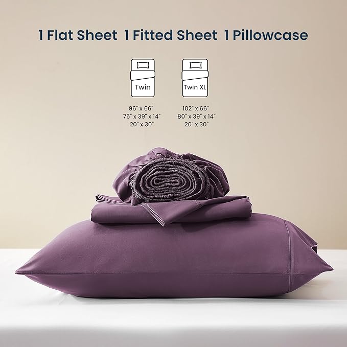 SLEEP ZONE Nanotex Super Soft Cooling Twin Bed Sheets Set for Kids 3 Piece - Easy Care Fitted Flat Sheet & Pillowcase Sets - Wrinkle Free, Fade Resistant, Deep Pocket 16" (Purple, Twin)