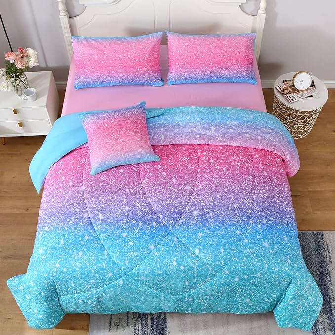 JQinHome Glitter Comforter Set Twin Size,6 Piece Bed in A Bag 3D Colorful Duvet Pink Blue Bedding Sets for Girls Kids - (1 Comforter,2 Pillowcases, 1 Flat Sheet, 1 Fitted Sheet, 1 Cushion Cover)