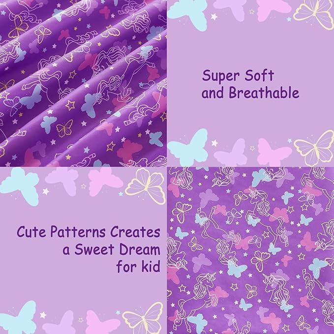 Kids Sheet Set Twin Size, Twin Sheet Set with Butterfly Unicorn Pattern，Breathable Silky Soft Microfiber Kids Fitted Sheet
