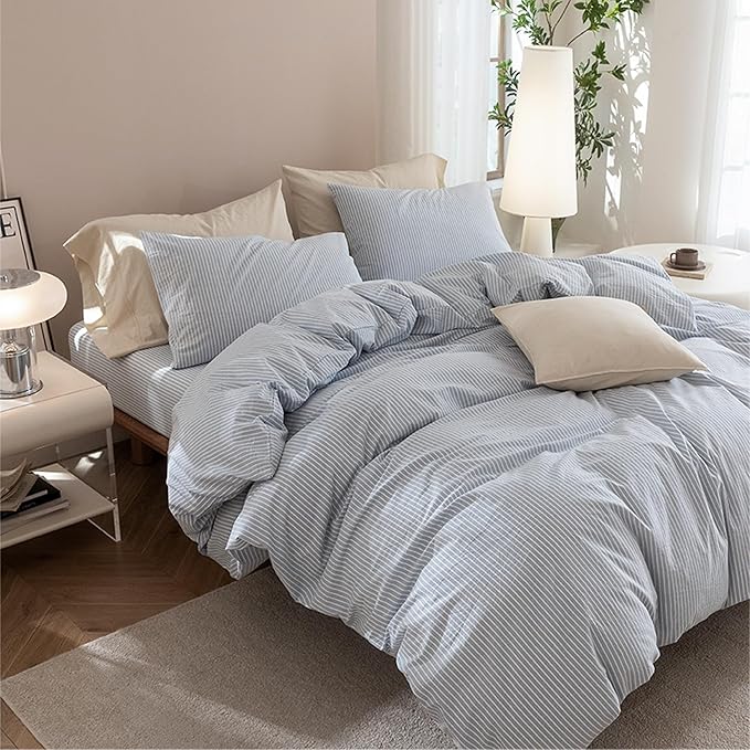 JIYUAN 100% Washed Cotton Striped Duvet Cover Set 2 Pieces Twin, 1 Duvet Cover and 1 Pillowcases(Comforter Not Included),Linen Like Comfy and Breathable,Pinstripes - Cornflower Blue White