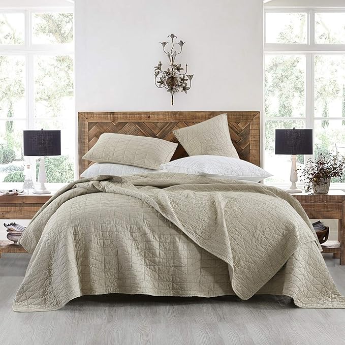 HORIMOTE HOME Quilt Set Queen Size, Stone-Washed Chic Rustic Beige Coverlet with Classic Triangle Stitched Pattern, Ultra Soft Lightweight Quilted Bedspread for All Season, 3 Pieces