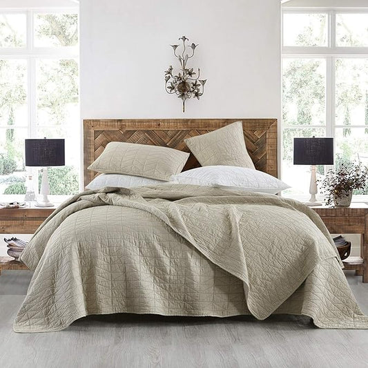 HORIMOTE HOME Quilt Set Queen Size, Stone-Washed Chic Rustic Beige Coverlet with Classic Triangle Stitched Pattern, Ultra Soft Lightweight Quilted Bedspread for All Season, 3 Pieces