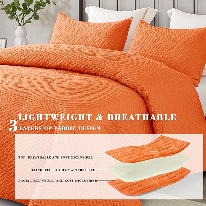 Exclusivo Mezcla King Size Quilt Bedspreads with Basket Weave Pattern, Soft Lightweight Summer Quilts Bedding Set Coverlets Bed Cover for All Seasons, Orange