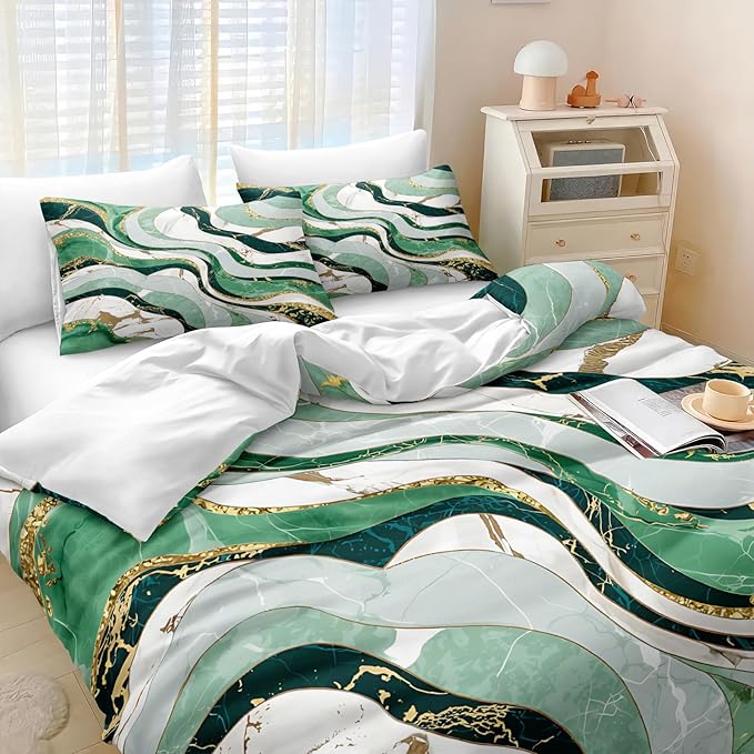 Bedbay Green Gold Queen Comforter Set 4 Pcs Abstract Marble Bedding Set for Boys Teen Adults Soft Cozy Lightweight Fluid Marble Bedding for All Seasons 1 Comforter 2 Pillowcases 1 Cushion Cover