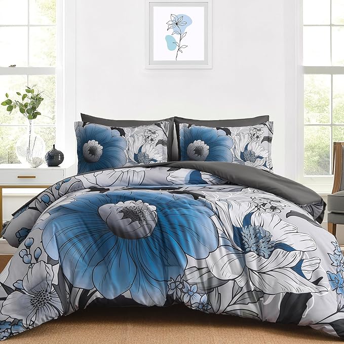 Xruibed Queen Comforter Set 7 Pieces Grey Blue Floral Comforter Set Queen Size Bed in a Bag Flower Bedding Sets Lightweight Boho Bed Set with Sheet, Pillowcases&Shams for All Season