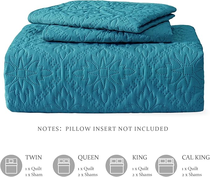 Exclusivo Mezcla Queen Quilt Bedding Set, Lightweight Soft Bedspreads Coverlets with 2 Pillow Shams, Modern Teal Quilts Queen Full Size for All Seasons
