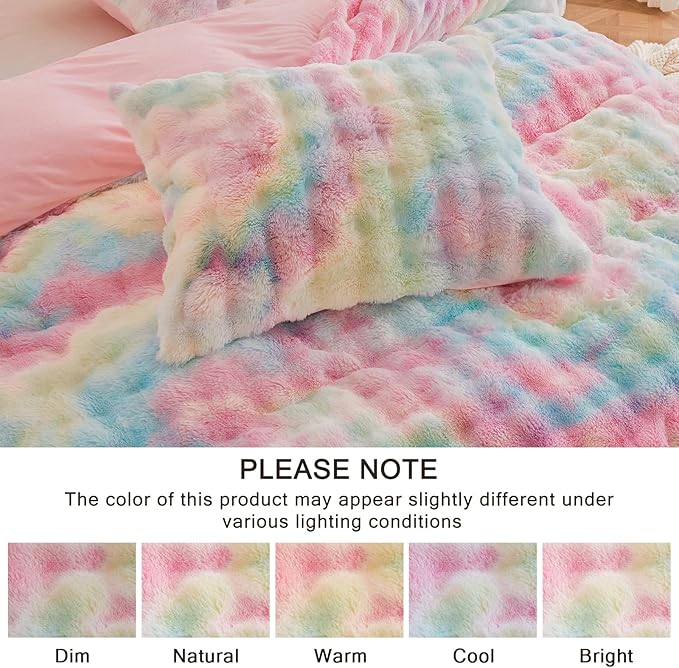 EMME Faux Fur Duvet Cover Queen Size, 3 Pieces Ultra Soft Fluffy Comforter Cover, Cozy Warm for Winter, Luxury Elegant Shaggy Bubble Design Bedding, 1 Duvet Cover & 2 Pillow Shams (Queen, Rainbow)