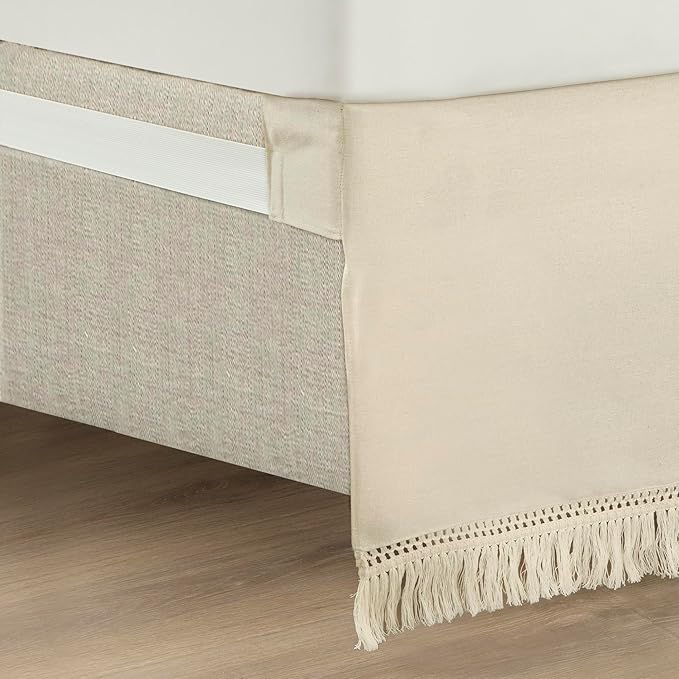 Lush Decor Boho Fringe 15-Inch Tailored Drop Easy Fit Bed Skirt Queen Size Single 60" W x 80" L +15" Neutral - Queen Bed Skirt - Wrap Around Bed Skirt