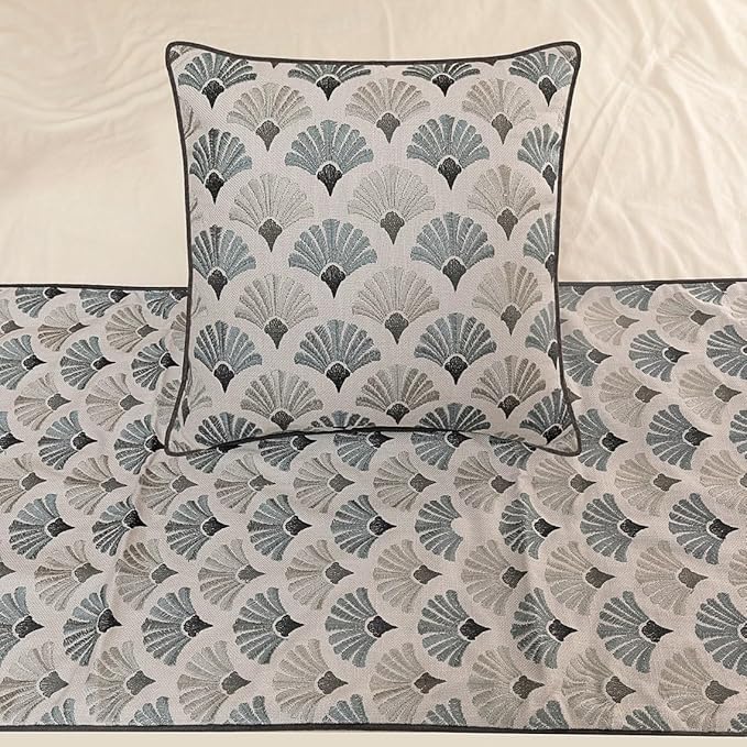 The HomeCentric King Queen Twin Blue & Grey Designer Full 68"x18" Bed Runner with Pillow Cover, Floral Embroidery Bed Scarf on Cotton Fabric - Flourish Bloom