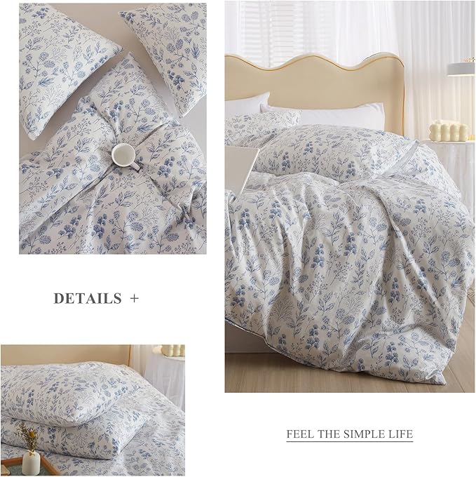 Twin Size Cute White Duvet Cover with Blue Floral Print,Coquette Bedding Set Soft Cotton Comforter Cover Boho Style,Aesthetic Twin Bedding Set with Zipper Closure 4 Ties