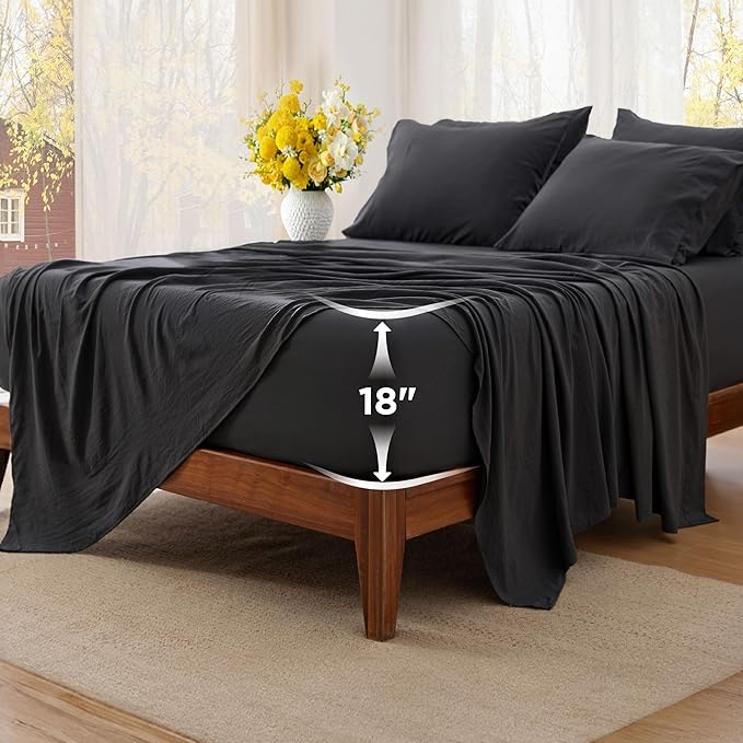 Bedsure Deep Pocket Full Size Sheets Set - 6 Piece, Prewashed Ultra-Soft Full Size Bed Sheets, Fits Mattresses Up to 18 Inches Thick, Breathable & Secure Fit, Hotel Luxury Bedding, Black