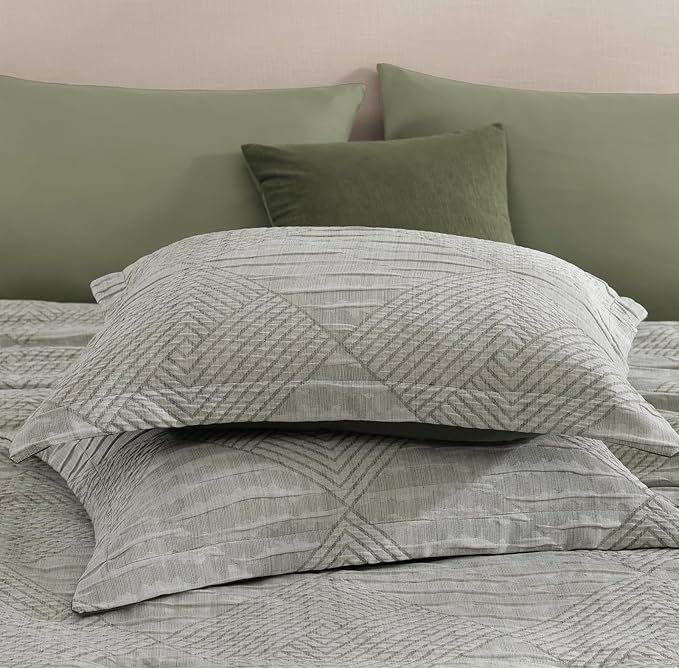 MaiRêve Queen Comforter Set Crinkle Textured, Light Olive Green Diamond Boho Bedding Set 7 Pieces Bed in A Bag, All Season Geometric Comforter Set with Sheets, Pillowcases & Shams