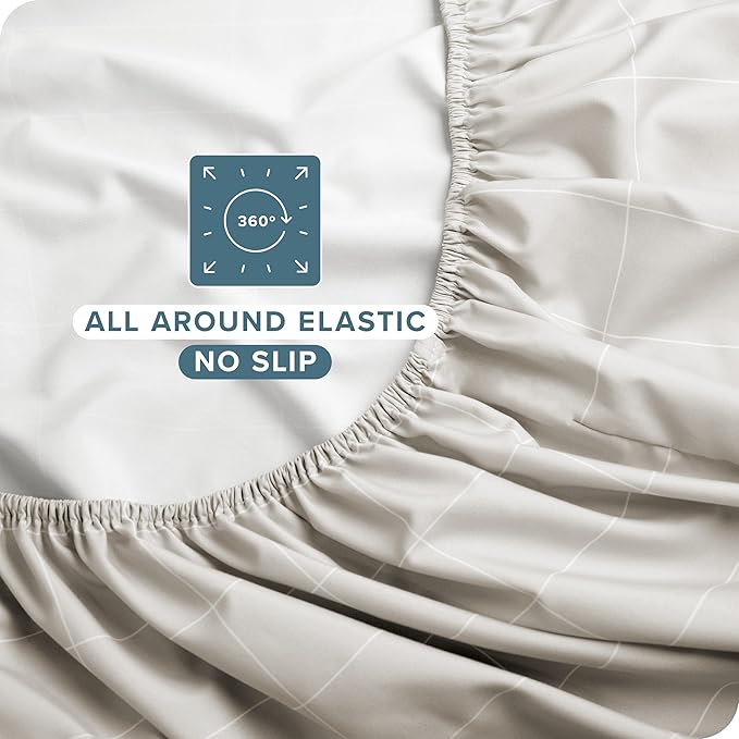 Bare Home California King Sheet Set - 1800 Ultra-Soft Microfiber Cal King Bed Sheets - Double Brushed - Deep Pocket - Easy Fit - 4 Piece Set (California King, Grid - Stone/White)