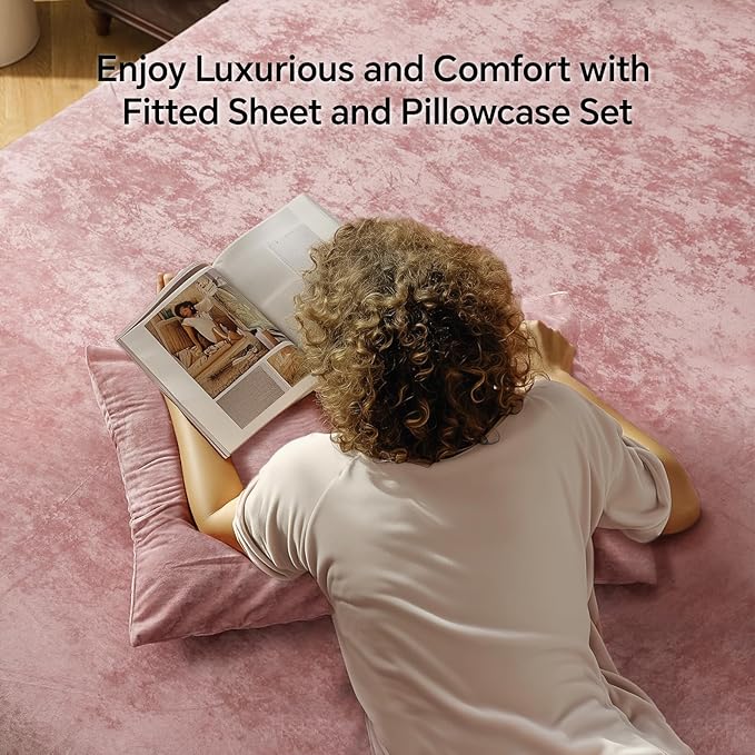 BEDELITE Velvet Fitted Sheet and Pillowcase Set, Luxury Soft Fuzzy Bottom Sheet with Reinforced Elastic Corner Straps, Deep Pocket up to 15 Inch, 1 Fitted Sheet and 1 Pillowcase (Twin, Dusty Pink)