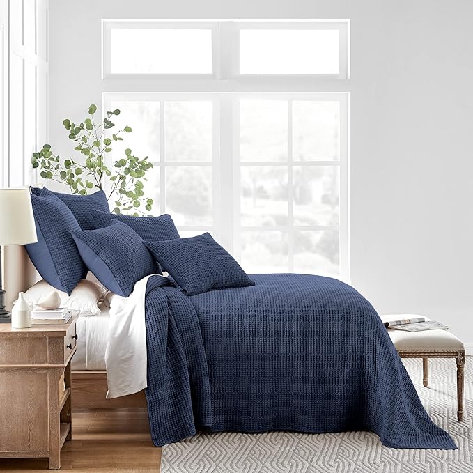 Levtex Home Mills Waffle Full Bedspread Set (100x104in) with 2 Pillow Shams (26x20in) - Navy - 100% Cotton Full Size Bedspread Set - Lightweight, Soft, Pre-Washed