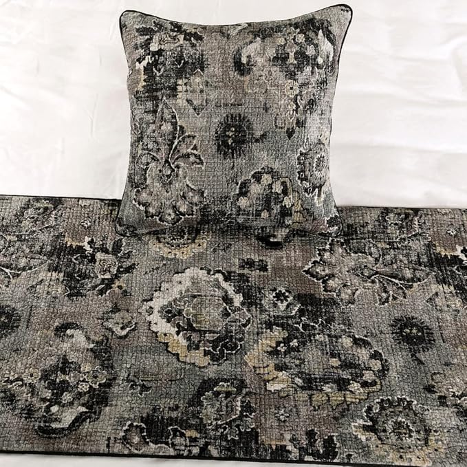The HomeCentric Decorative Black & Grey Full 68 x 18 inch Bed Runner with Pillow Cover Set, Velvet Damask with Tassels Bed Scarf, Abstract Modern - Paved Damask