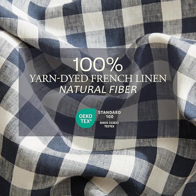 DAPU Linen Duvet Cover King,Yarn Dyed Gingham Check Plaid 100% Washed Linen Bedding with Envelope Closure,3 PCs Soft Linen Duvet Cover Set, Geometric Checkered Pattern in Navy Blue & White,King Size