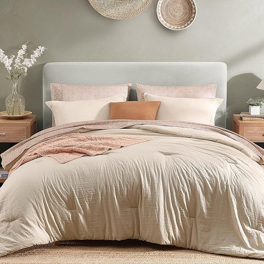 Monbix Full Size Comforter Set - 7 Pieces Oatmeal Prewashed Bed in a Bag Full Bedding Sets with Comforters, All Seasons Ultra Soft Comforter Bed Set with Sheets,Pillowcases & Shams