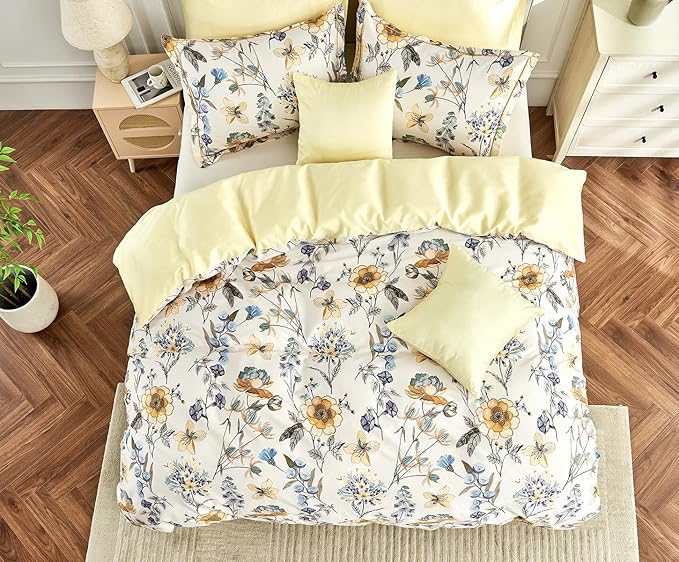 King Size Duvet Cover Set with Button Closure - Blue and Yellow Botanical Luxury Bedding for a Comfortable Sleeping