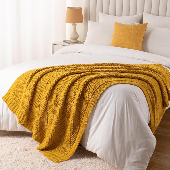 Battilo Yellow Diamond Knit Throw Blanket for Couch and Bed, Soft Textured Chenille Blanket, Cozy Lightweight Decorative Blanket for Sofa, 50"x60"