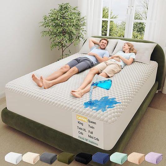 OhGeni 100% Waterproof Mattress Protector,California King Mattress Soft Pad,Pet Hair & Bedwetting Resistant,Cooling Fitted Sheets,Washable Bed Cover,Non-Slip Deep Pocket,Noiseless for Taller Person