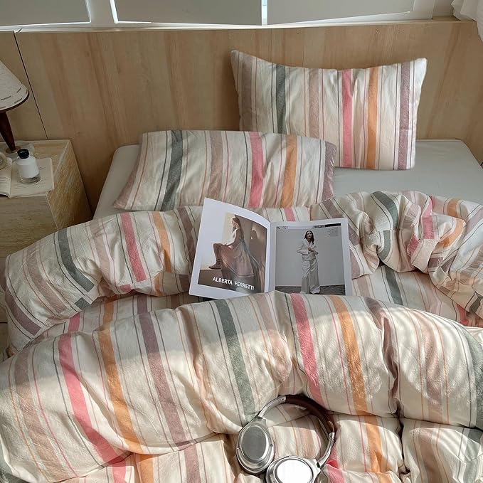 LifeTB Multicolor Striped Duvet Cover Set Queen, 100% Washed Cotton Stripes Pattern Comforter Cover, 3 Pieces Colorful Striped Bedding Set Farmhouse Breathable Duvet Cover with 2 Pillowcases
