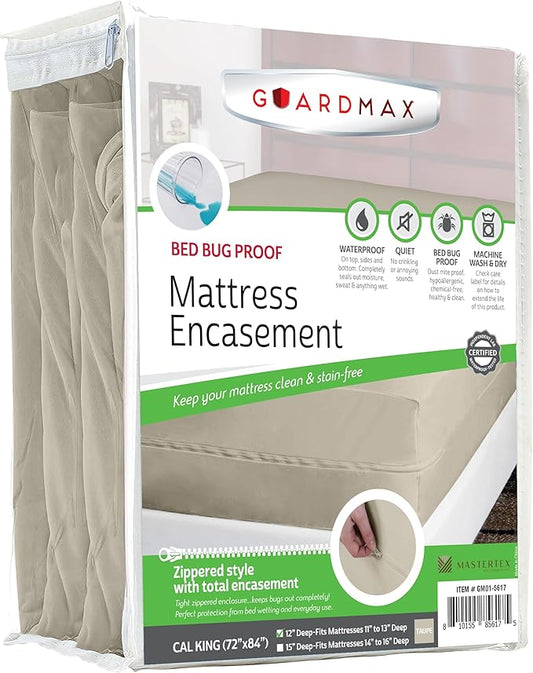 Guardmax Jersey Knitted California King Zippered Mattress Encasement - Waterproof & Bed Bug Proof Mattress Protector - Comfortable, Soft, and Noiseless Zippered Bedding - Dust Mite Proof (72x84 x12)