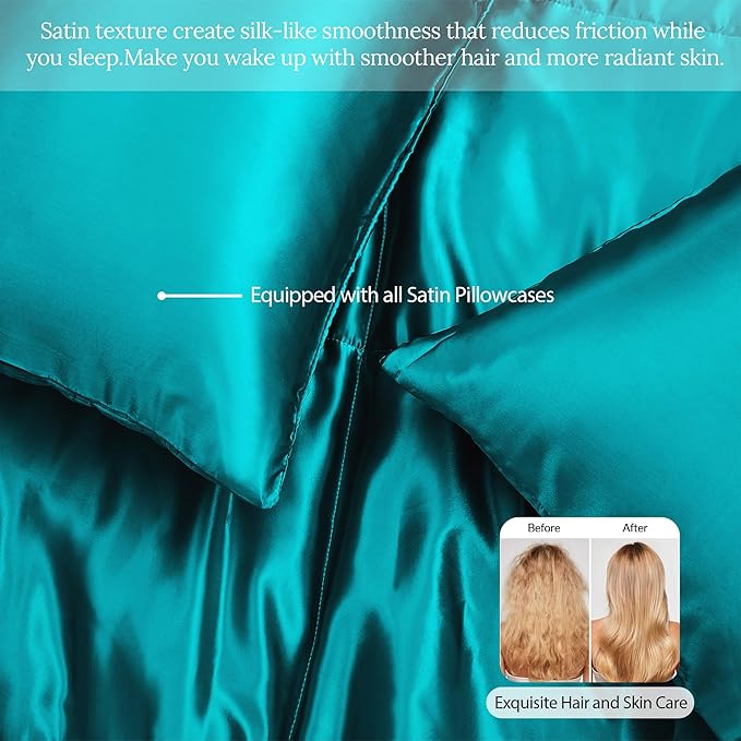 Whale Flotilla 3-Piece Reversible Silky Soft King Size Comforter Bedding Set, Luxurious Satin Comforters Oversized with 2 Satin Pillowcases, Lightweight Duvet for All Seasons, Turquoise