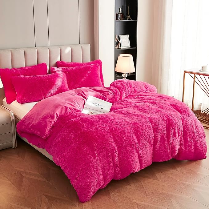 Uhamho Faux Fur Velvet Fluffy Bedding Duvet Cover Set Down Comforter Quilt Cover with Pillow Shams, Ultra Soft Warm (Queen, Hot Pink)