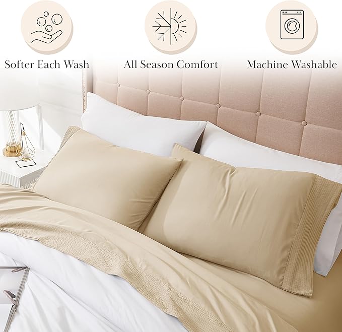 Southshore Fine Living, Inc. Pleated, 5-Piece Split King Sheet Set, 21-Inch Beige Sheets for Split King Adjustable Bed, 2 Deep Pocket Fitted Sheets, 1 Flat Sheet, 2 Beige Pillow Cases, Soft Sand