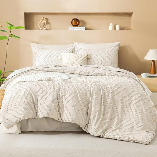 Litanika Beige Queen Size Comforter Set with Sheets - 7 Pieces Bed in a Bag Queen Boho Tufted Complete Bedding Sets with Comforter, Sheets, Pillowcases & Shams