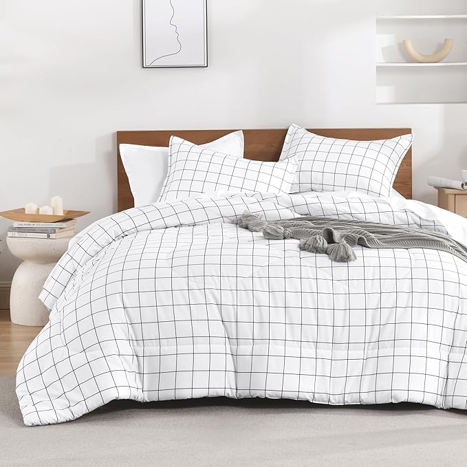 Andency Twin XL Comforter Set(68x92Inch), White Gingham Plaid Grid Checkered Bed Comforter Set for Dorm Boys Girls Kids Teens, 2 Pieces Lightweight Microfiber Geometric Bedding Set