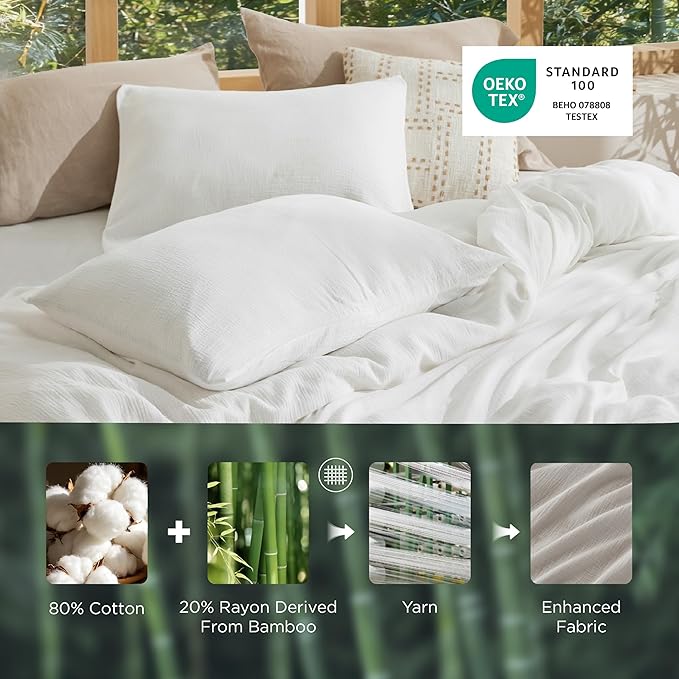 Bedsure Muslin Duvet Cover Queen Size - Cotton Blend Rayon Derived from Bamboo, Cooling Duvet Covet for Hot Sleepers - Ultra-Soft & Breathable Bedding Set for All Seasons(White, 90"x90")