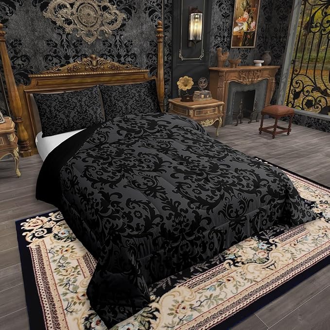 Erosebridal Adults Black Damask Bedding Set Antique Victorian Baroque Down Comforter Twin Gothic Vintage Floral Comforter Set Bohemian Exotic Bedding Quilted Grey Bedroom Decor 1 Pillow Case