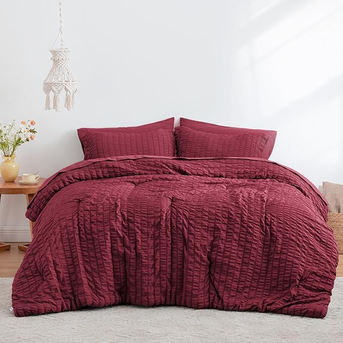 Love's cabin Seersucker Burgundy Twin Comforter Set, 5-Piece All Season Lightweight Bed in a Bag Bedding Set with Comforter, Flat Sheet, Fitted Sheet, Pillowcase and Sham | Soft, Breathable, Lightweight