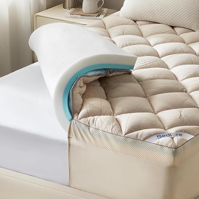 BedBedlore 4-Inch Full Mattress Topper for Back Pain - Dual Layer Medium Support (2" Gel Memory Foam + 2" Cooling Fluffy Pillow Top Pad), Breathable & Pressure Relief (Beige)