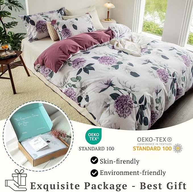 MILDLY 100% Washed Cotton Duvet Cover - Hydrangea Floral Comforter Cover Set Botanical Flower Pattern Bedding Set with Zipper Closure 4 Ties Full Size