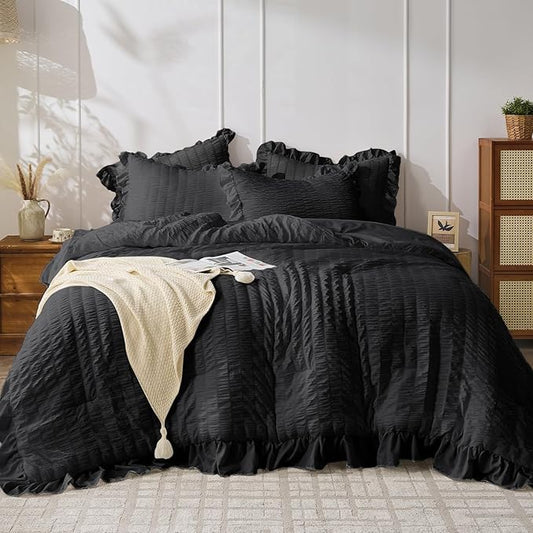 JOLLYVOGUE Black Twin Size Comforter Set, 2 Pieces Seersucker Lightweight Fluffy Bedding Set, Twin Ruffle Comforter, All Season Soft Microfiber Shabby Chic Bed Set