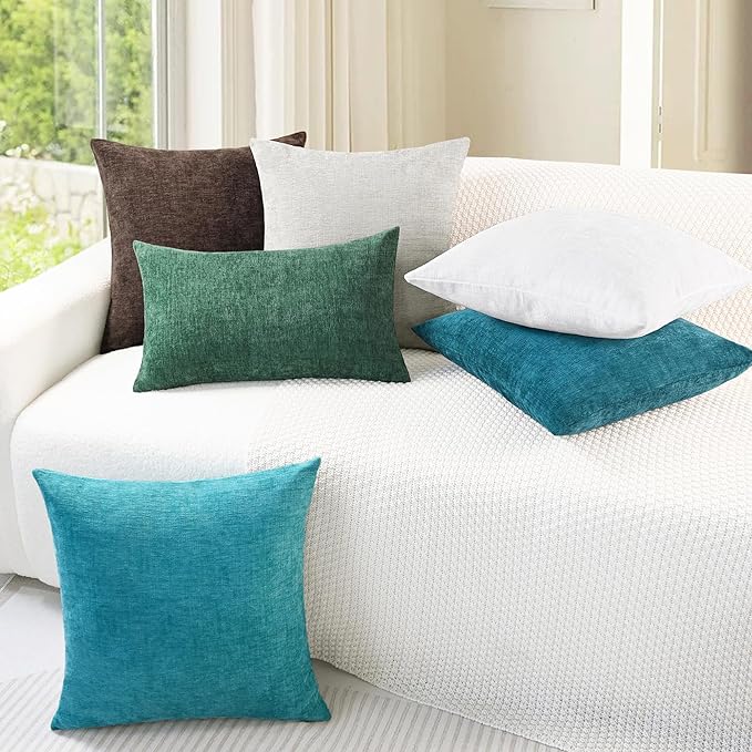 CaliTime Throw Pillow Covers Decorative 12 X 20 Inches Pack of 2 Cozy Chenille Cushion Cases for Couch Sofa Bed Living Room Home Lake Blue