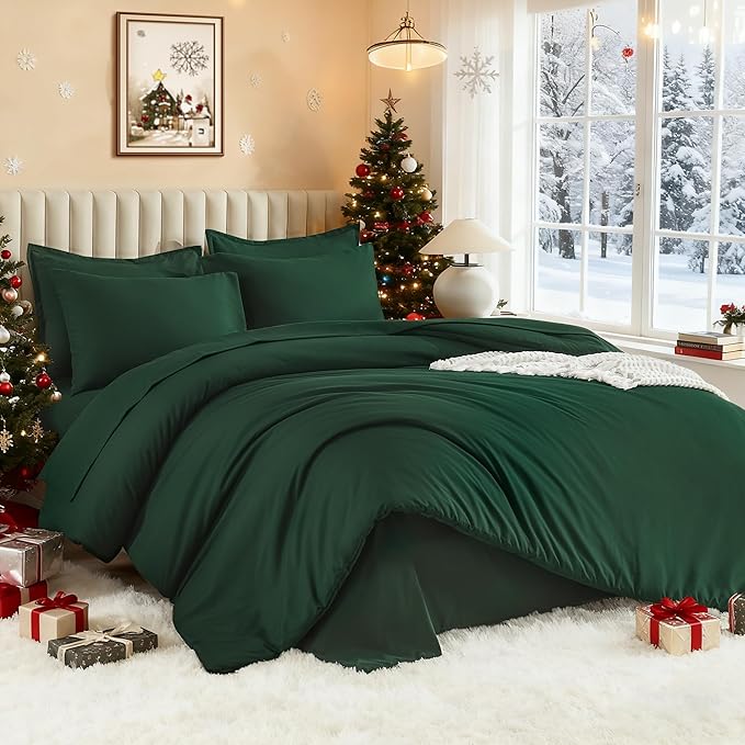 Litanika Super King Plus Comforter Sets Emerald Green - 7 Pieces Bed in a Bag Oversized King Bedding Comforter Sets, Solid Lightweight Bed Set with Comforter, Sheets, Pillowcases & Shams