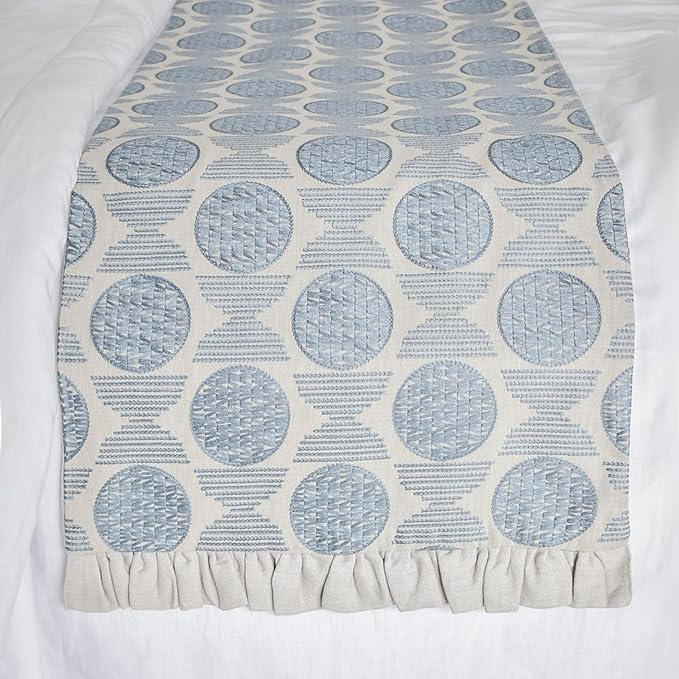 The HomeCentric King/Queen/Twin Blue Decorative Bed Runner King 90"x18" Bed Runner with One Pillow Cover, Embroidery, Ruffles Bed Scarf on Linen Fabric - Ellara Blue