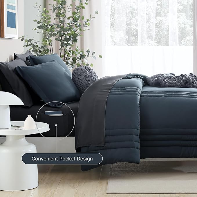 Monbix California King Size Comforter Set - 7 Pieces Bed in a Bag Cal King, Blue Grey Bedding Sets with Comforter, All Seasons Comforter Bed Set with Sheets, Pillowcases & Shams