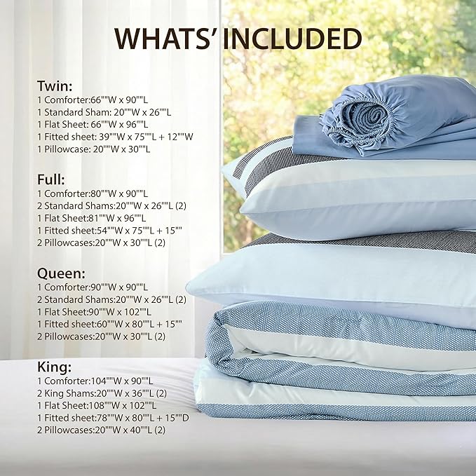 King Size Modern Striped Comforter Set, Lightiweight Soft Microfiber Bedding Sets for All Season 7 Pieces Bed in A Bag Set with Comforter, Sheets, Pillowcases & Shams, Navy Blue