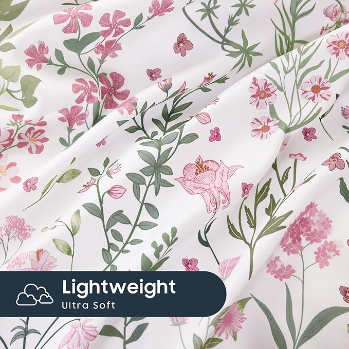 Wake In Cloud - Floral Duvet Cover Set, Shabby Chic Cottage Garden Botanical Flower Style with Elegant Wildflower Pattern, Soft Lightweight Bedding, 3 Pieces, Pink White, Twin/Twin XL Size