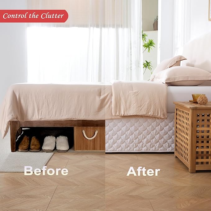 Queen Size White Bed Skirt with 14-Inch Drop, Easy Fit Wrap-Around Cover for Bed, Wrinkle-Free and Fade-Resistant Box Spring Cover.(White Seashells, Queen)