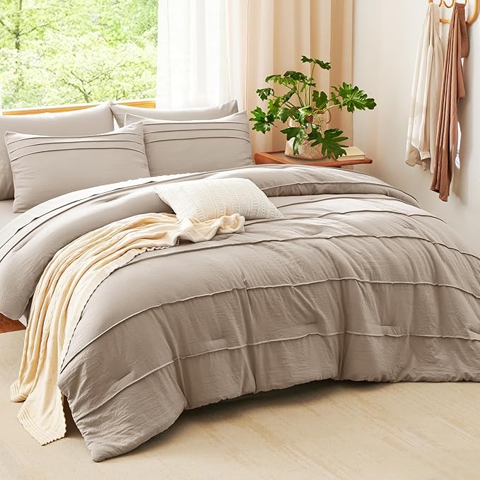 CozyLux King Size Comforter Set Wheat, 7 Pieces Soft Pinch Pleat Bed in a Bag King Comforter Set with Sheets, Boho Bed Set with Down Alternative Comforter, Sheets, Pillowcases & Shams
