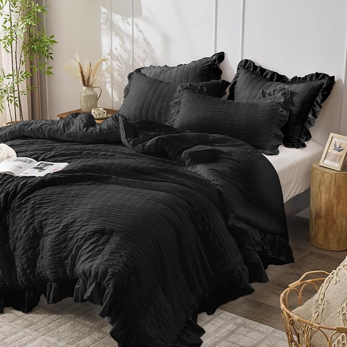 JOLLYVOGUE Black Twin Size Comforter Set, 2 Pieces Seersucker Lightweight Fluffy Bedding Set, Twin Ruffle Comforter, All Season Soft Microfiber Shabby Chic Bed Set
