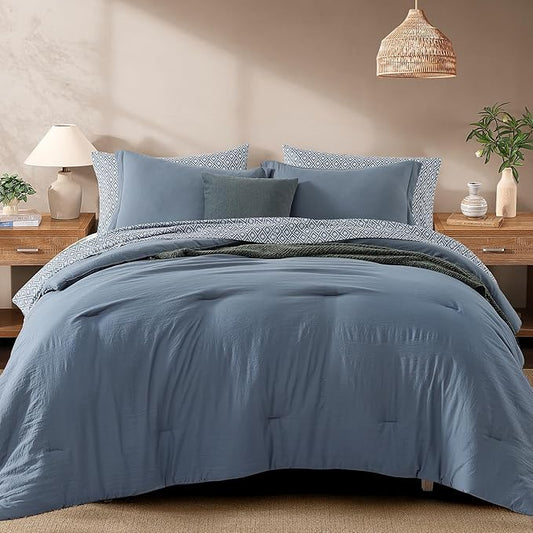 Monbix King Size Comforter Set - 7 Pieces Oxford Blue Prewashed Bed in a Bag King Bedding Sets with Comforters, All Seasons Ultra Soft Comforter Bed Set with Sheets,Pillowcases & Shams