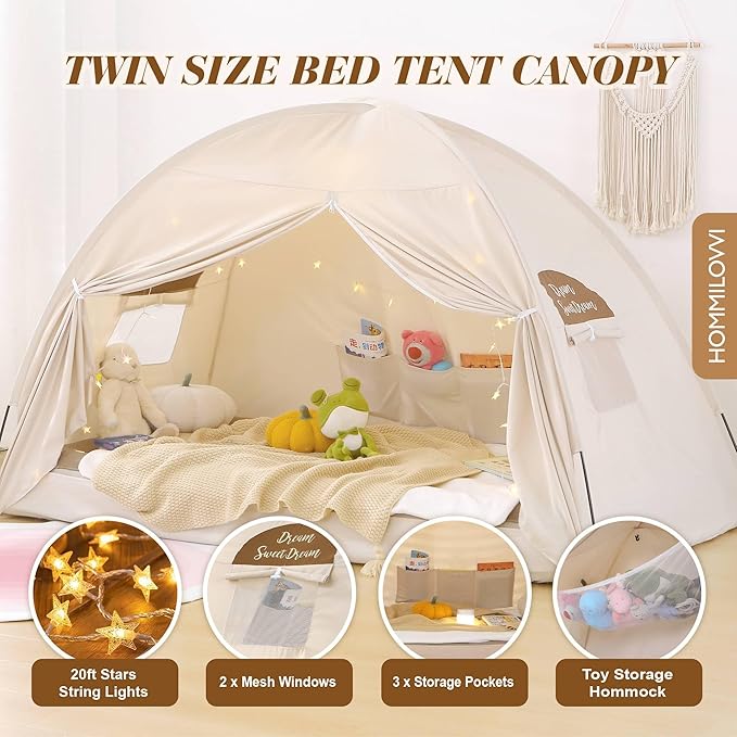 Twin Bed Tent for Kids, Indoor Blackout Sleeping Tent with Dreamy Canopy, Breathable Privacy Bunk Beds, Ideal for Drafty Rooms or Cottage-Style Spaces, Nature