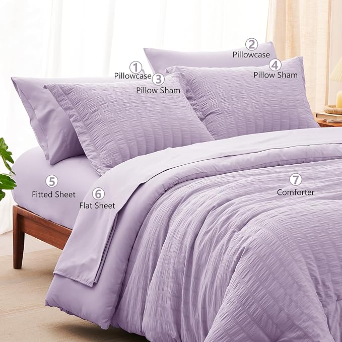 CozyLux Queen Seersucker Comforter Set with Sheets Light Purple Bed in a Bag 7-Pieces All Season Lavender Bedding Sets with Comforter, Pillow Sham, Flat Sheet, Fitted Sheet, Pillowcase